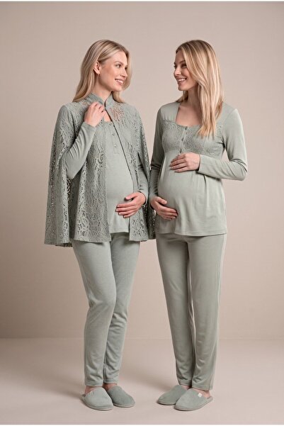LOHOUSE Women's Green Lace Long Sleeve Maternity Pajama Set with Dressing Gown