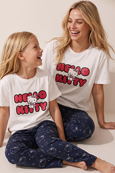 Siyah İnci Hello Kitty Lisanslı %100 Pamuk Ekru Çok Renkli Bisklet Yaka Pijama Takım 26120461