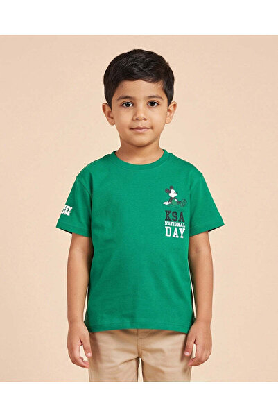 REDTAG Boys Green Printed Mickey Mouse T-Shirt