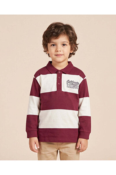 REDTAG Boys Burgundy Striped Long Sleeve Polo T-Shirt