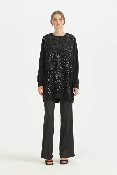 Nihan Comfortable Fit Sequined Satin Tunic - Black