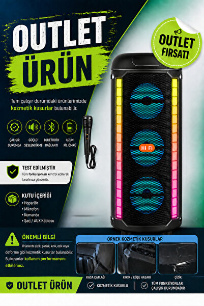 Zineets Bluetooth Hoparlör Parti Hoparlörü Karaoke Mikrofon Hediyeli Işıklı S...