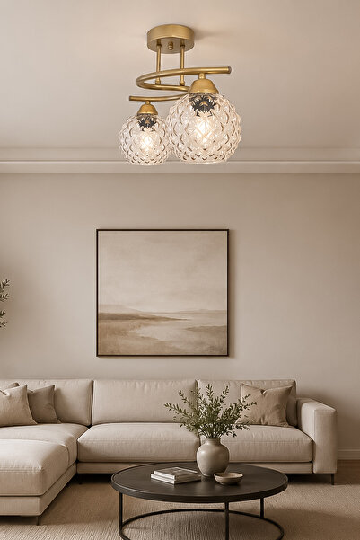 Turanconcept Fuji Modern Kabartma Camlı Dekoratif 2'li Avize Salon Yatak Odas...