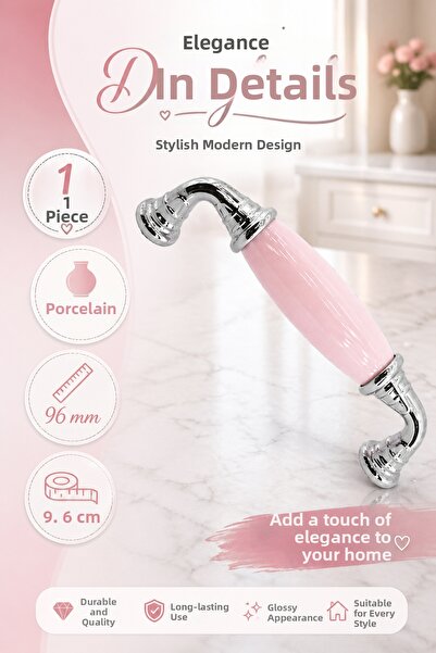 Badem10 Alvena Ροζ Πορσελάνινη Λαβή Χρωμίου 96 mm 9,6 εκ. Λαβές για Έπιπλα, Σ...
