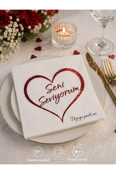 Dizayn Parti Evi "Love You" Written Heart Napkin – Romantic Party Napkin with...