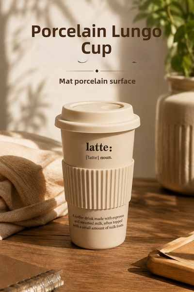 welcomein Lungo Porcelain Mug 430 ml with Lid, Matte Surface Coffee Cup, Latt...