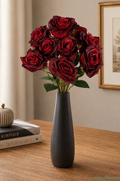 Yapay Çiçek Sitesi Artificial Big Head Rose Bouquet 9 Branches 47 cm Red-Burg...