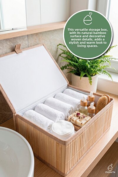 EVONİTA Bamboo Wicker Storage Box with Lid Decorative Organizer Multi-Purpose...