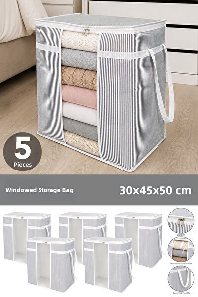 Meleni Home 5 Pieces Storage Bag with Windows - Striped Clothing Organizing P...