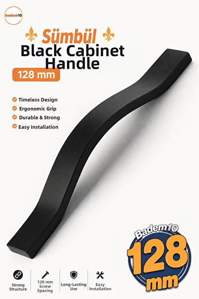 Badem10 Mâner din metal negru Hyacinth, 128 mm, mâner pentru sertar pentru mo...