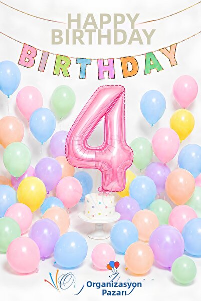 Organizasyon Pazarı 4 Year Old Birthday Concept Macaron Colors Pink Number Fo...