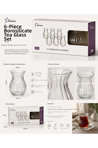 kurt41 Set of 6 Keyfi Ala Striped Borosilicate Glass Tea Cups 220ml Cups..