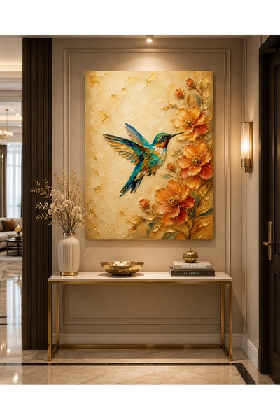 Lona Sanat Free Bird and Flowers Decorative Canvas Painting |   Embossed Look Colorful Hummingbird Wall Painting |   Modern Living Room Office Bedroom Decor