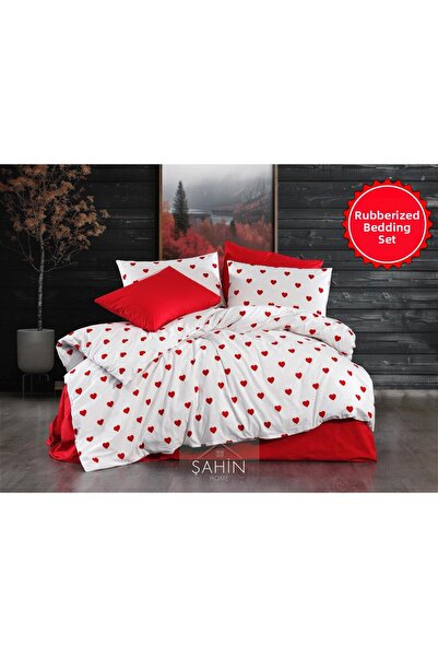 Şahinhome Red Heart Pattern Double Elastic Sheet Duvet Cover Set (160X200)