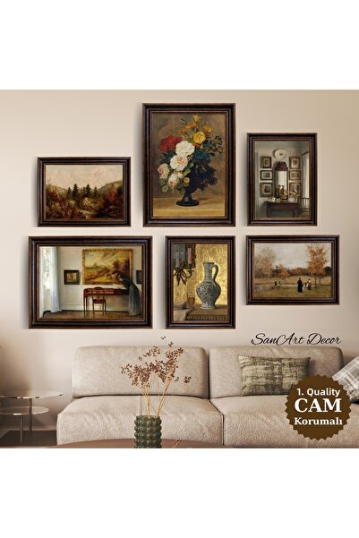 Sanart Set de picturi în ulei înrămate vintage, set de picturi înrămate din 6...