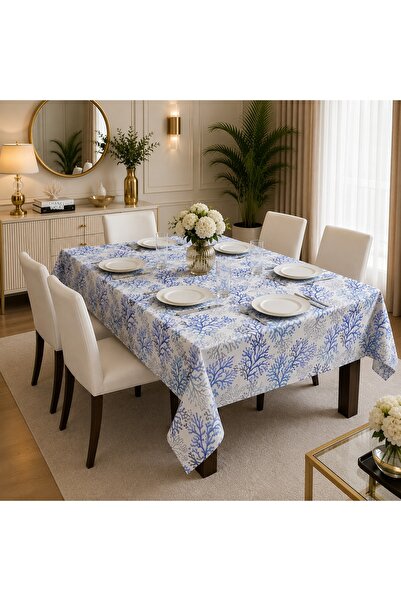 Zeren Home Coral Patterned Linen Blue Tablecloth |   Liquid-Proof & Stain-Res...