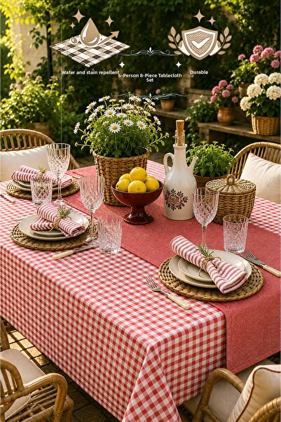 QUBA DECO 8-Piece Water-Repellent Fabric Tablecloth Set for 6 People with Pre...