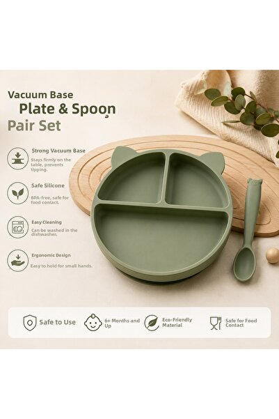 Bebeye 2-Piece Baby Feeding Set Vacuum Food Plate-Food Spoon Olive Green