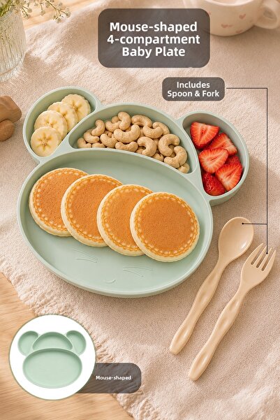 Meleni Baby Mouse Figured Feeding Set - 4-Compartment Baby Food Bowl with Spo...