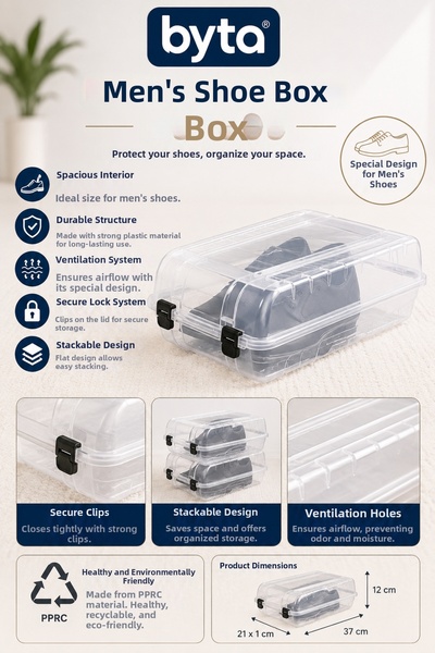 BYTA Transparent Men's Shoe Storage Box Stackable Organizer with Clip-On Lid ...