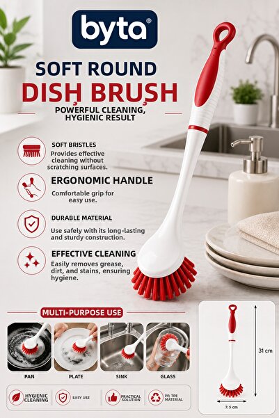 BYTA Dish Brush with Handle Soft Bristle Ergonomic Kitchen Cleaning Brush for...