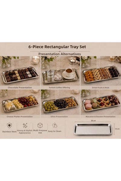 RoyalDecorHome Stainless Steel Silver 6-Piece Rectangular, Baton Tray, Presentation Dish Multipurpose Plate