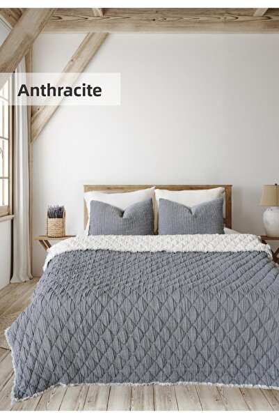 İGİ Atlas Atlas Battal Boy Muslin Bedspread & Quilt Set - Anthracite