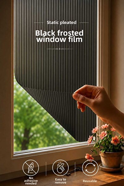 Deconitte Static Pleated Look Black Frosted Glass Film Non-Adhesive Window Gl...