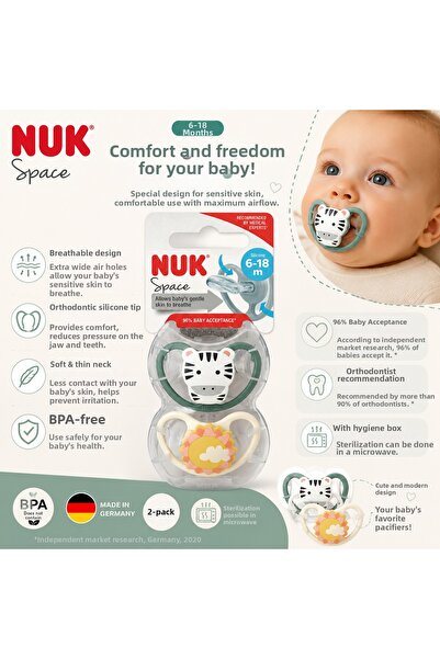 Nuk Space Silicone Pacifier 6-18 Months Set of 2 |   Orthodontic, Bpa-Free, H...