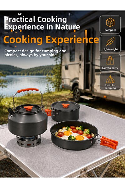 Mestore Aluminum Camping Cooking Set Foldable Handle Teapot Pot Pan Outdoor D...