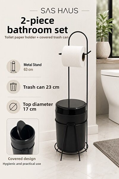 Sas Haus Standing Toilet Paper Holder Trash Can Set Black Metal Wc Paper Hold...