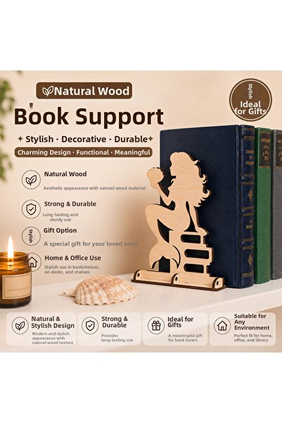 ROKH Natural Wooden Book Support with Female Figure Decorative Bookshelf Orga...
