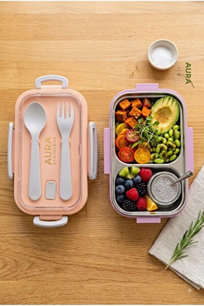 Sowo Home Steel Lunch Box with 2 Compartments, Fork and Spoon, Camping Food C...