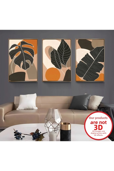 EMYA HOME Set de 3 tablouri pe pânză cu frunze înrămate cu metal auriu
