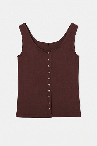 Trendyol Curve Καφέ Πλεκτό Τετράγωνο Γιακά με Λεπτομέρεια Κουμπώματος, Μεγάλο...