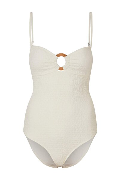 Συλλογή Trendyol Εκρού μαγιό με υφή, στράπλες, με λεπτομέρεια αξεσουάρ και κά...