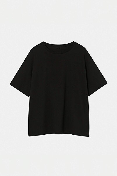 Trendyol Curve Black 100% Cotton Back Printed Oversize Cut Crew Neck Knitted ...
