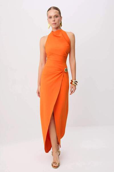 Trendyol Collection Orange Gold Accessory Detailed Slit Draped Maxi Evening &...