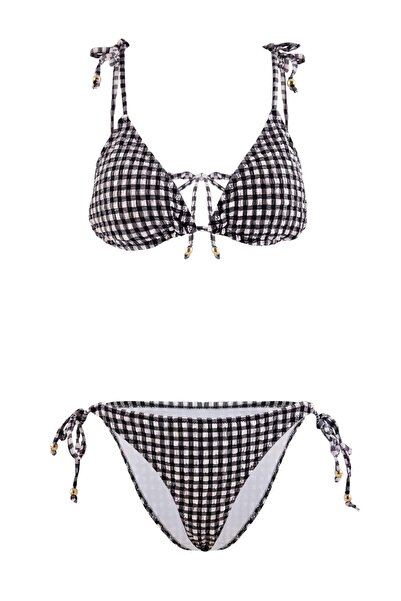 Trendyol Collection Black Plaid Textured Triangle Covered Low Waist Regular B...