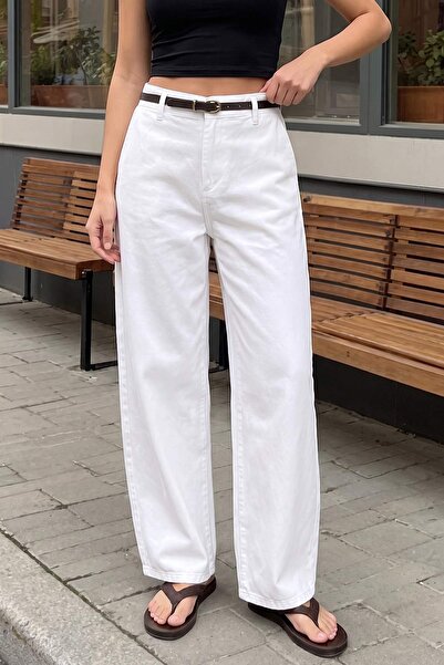 Trendyol Collection White Belted Gabardine Barrel 100% Cotton Soft Buttoned T...