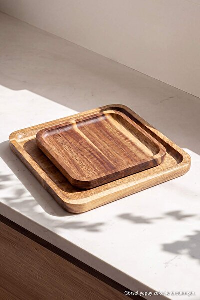 TRENDYOLMİLLA HOME Σετ 2 τετράγωνων ξύλινων πιάτων 12x12cm, 15x15cmTPHAW27TBK...