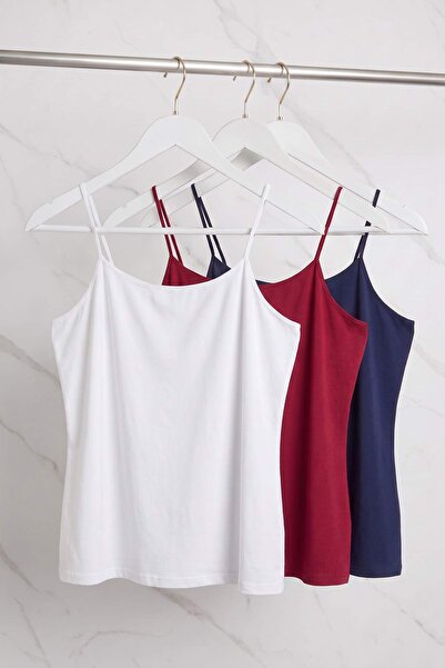Trendyol Curve Navy Blue-Claret Red-Ecru 3-Pack Thin Strap Crop Plus Size Und...