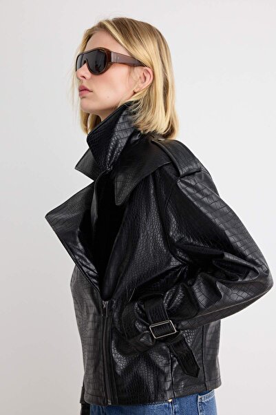 Trendyol Collection Black Regular Fit Faux Leather Biker Slim Jacket Coat Two...