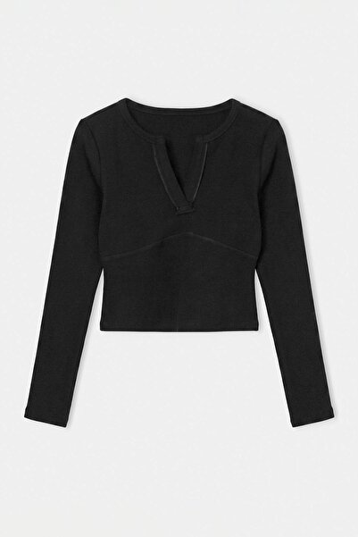 Trendyol Collection Black Plain Fitted V-Neck Standard Sleeve Long Crop Camis...