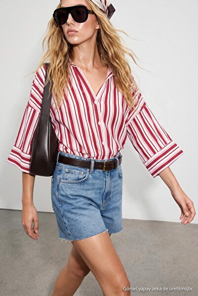 Drop by TrendyolMilla Red Line Patterned Kimono Sleeve Shirt Tdrss26Go00134