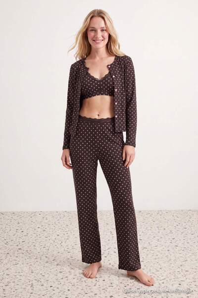 Trendyol Collection Brown 3-Piece 100% Cotton Lace Detailed Knitted Pajamas S...