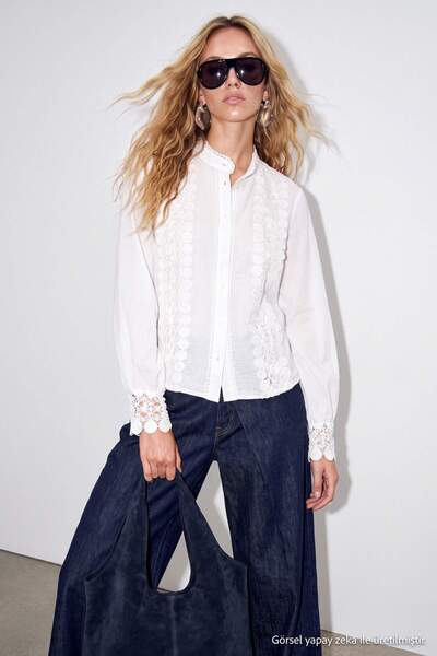 Drop by TrendyolMilla قميص مبطن بتفاصيل شريطية ودانتيل أبيض اللون TDRSS26GO00129