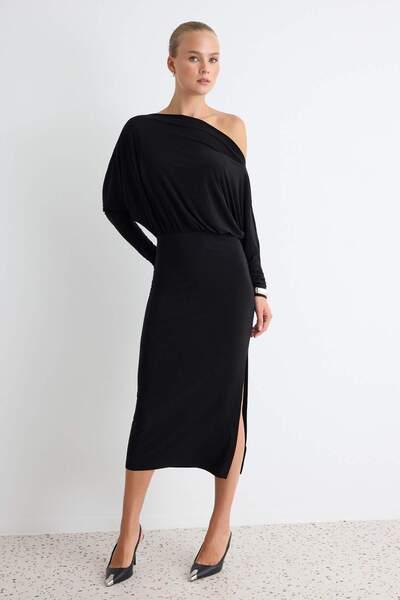 Trendyol Collection Black Plain Asymmetric One-Sleeve Waist-Fitted Stretchy M...