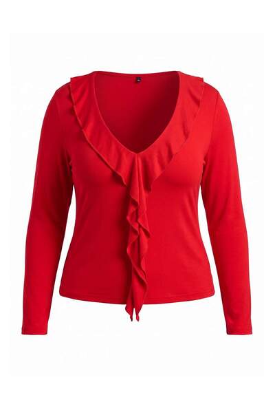 Trendyol Curve Red Ruffled Fitted/Bodycon Knitted Blouse Tbbaw27Af00022