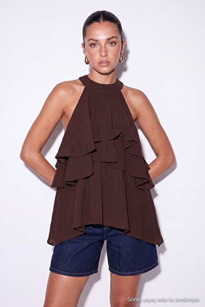 Drop by TrendyolMilla Smeđa bluza sa slojevitim volanima TDRSS26BZ00133